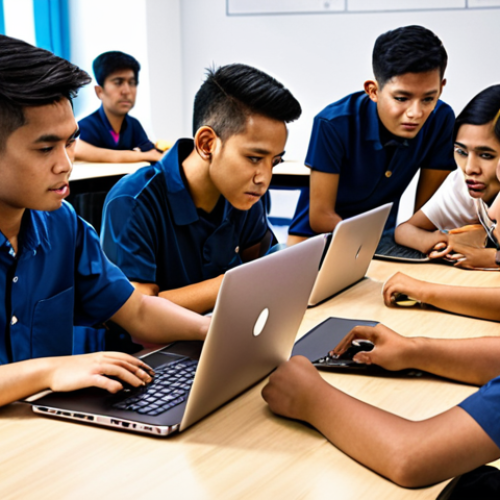 **"A diverse group of Malaysian students collaborating on a tech project, coding on laptops in a modern classroom setting, incorporating elements of local culture and design."**