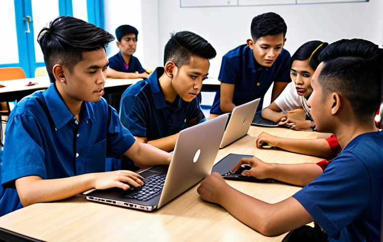 **"A diverse group of Malaysian students collaborating on a tech project, coding on laptops in a modern classroom setting, incorporating elements of local culture and design."**