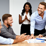 ** A diverse group of office workers collaborating on a project, some smiling and gesturing, others actively listening. The scene should convey a positive and supportive atmosphere. Visual emphasis on effective communication and teamwork. Background should subtly feature the company's logo and modern office decor.

**