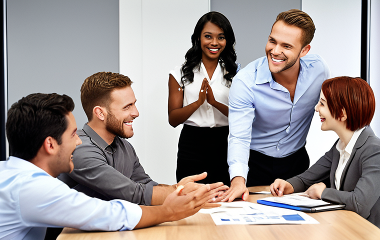 ** A diverse group of office workers collaborating on a project, some smiling and gesturing, others actively listening. The scene should convey a positive and supportive atmosphere. Visual emphasis on effective communication and teamwork. Background should subtly feature the company's logo and modern office decor.
**