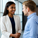 A diverse professional man and woman, both in modest business attire, are engaged in a deep conversation in a bright, modern office lounge. The woman is speaking with a calm expression, and the man is actively listening, maintaining eye contact, with an empathetic and understanding posture. The scene emphasizes a strong interpersonal connection and effective communication. The background is a blurred office environment with natural light. safe for work, appropriate content, fully clothed, professional, high quality, perfect anatomy, correct proportions, natural pose, well-formed hands, proper finger count, natural body proportions, realistic professional photography.