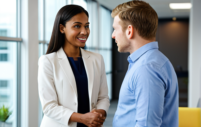 A diverse professional man and woman, both in modest business attire, are engaged in a deep conversation in a bright, modern office lounge. The woman is speaking with a calm expression, and the man is actively listening, maintaining eye contact, with an empathetic and understanding posture. The scene emphasizes a strong interpersonal connection and effective communication. The background is a blurred office environment with natural light. safe for work, appropriate content, fully clothed, professional, high quality, perfect anatomy, correct proportions, natural pose, well-formed hands, proper finger count, natural body proportions, realistic professional photography.